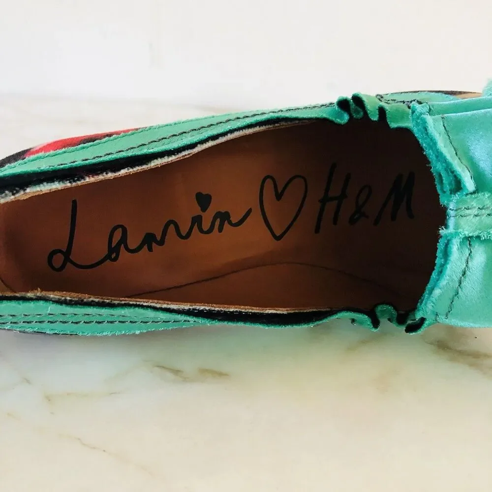 2010 LANVIN x H&M Green Floral Print Bow Mirrored Heels Pumps - EUR 38 / US 7